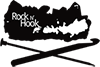 Rock N' Hook logo, a crystal rock with a knitting needle and crochet hook criss crossing