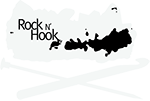 Rock N' Hook logo, a crystal rock with a knitting needle adn crochet hook criss crossing